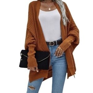 Batwing Sleeve Split Hem Open Front Cardigan Brown Womens size large